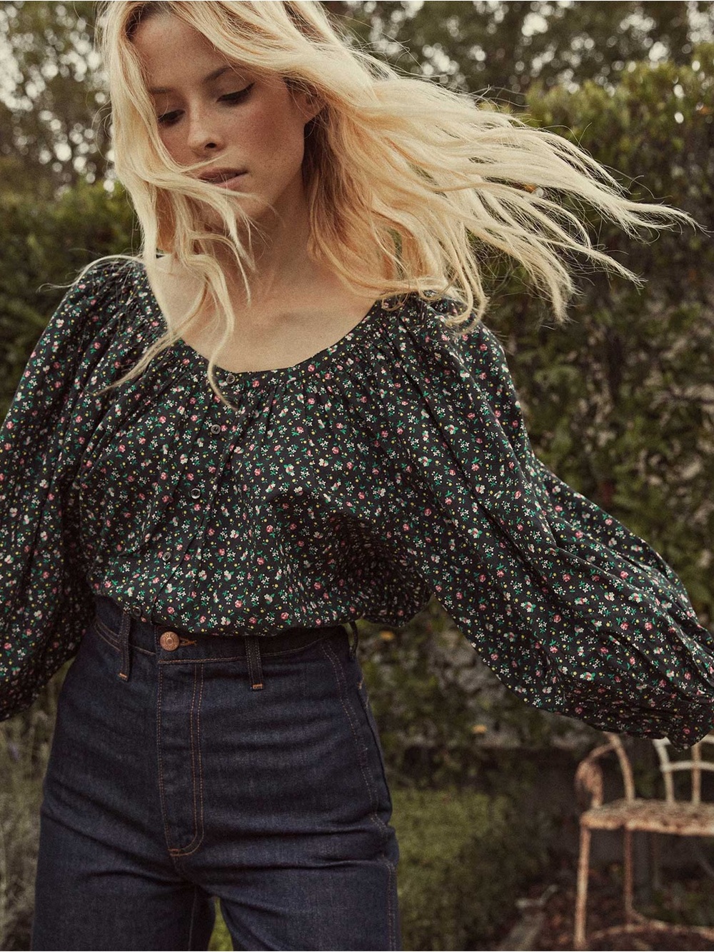 Doen Jeanne Top XXL Black Micro Floral Print Romantic Feminine Boho Prairiecore